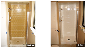 A before and after picture of the bathroom.