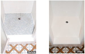 A before and after picture of the shower floor.