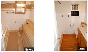 A before and after picture of the bathroom.