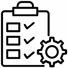 A black and white icon of a clipboard with a gear next to it.