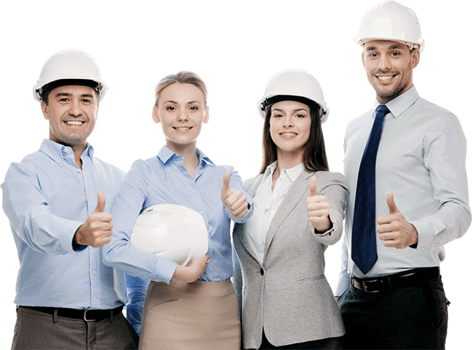 A group of people wearing hard hats and giving thumbs up.