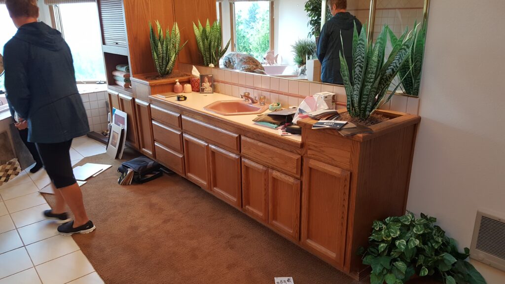 A bathroom with wooden cabinets and plants in the sink.