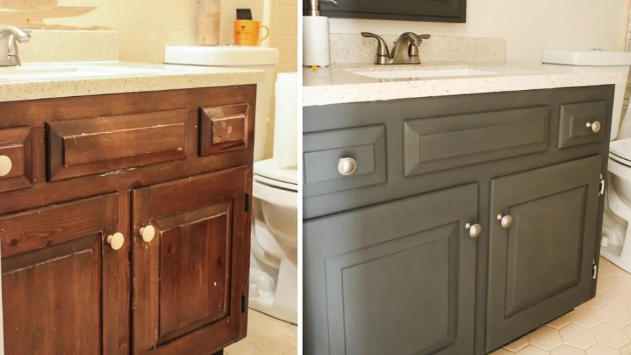 A before and after picture of the bathroom vanity.